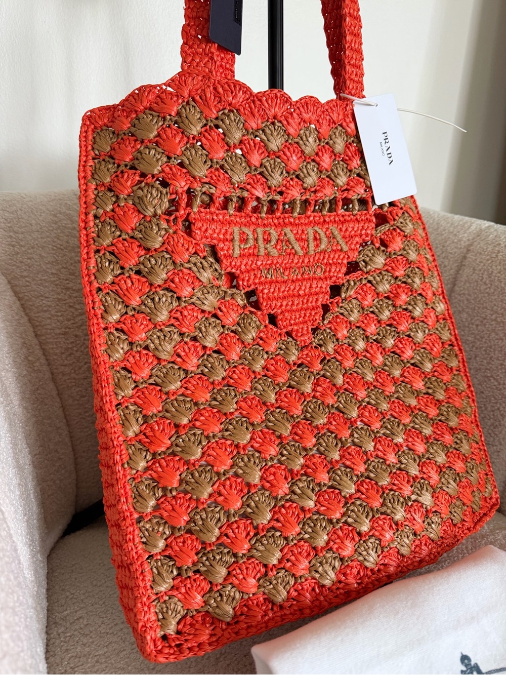 Prada Large Raffia Crochet Tote Bag Orange Brown Shopping Bag NWT - Picture 13 of 14